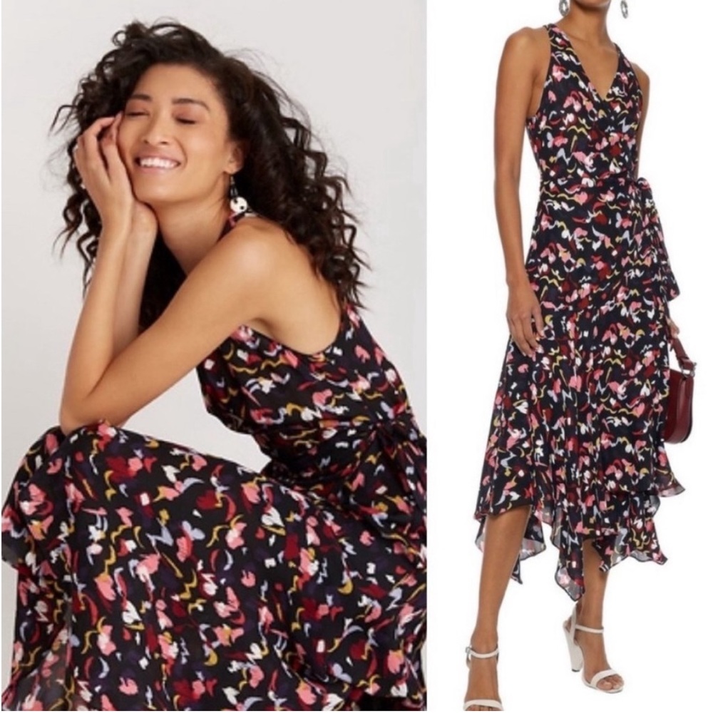 A.L.C. Roslyn Handkerchief Hem Silk True Wrap V-Neck Midi Maxi Dress Size 14 NWT